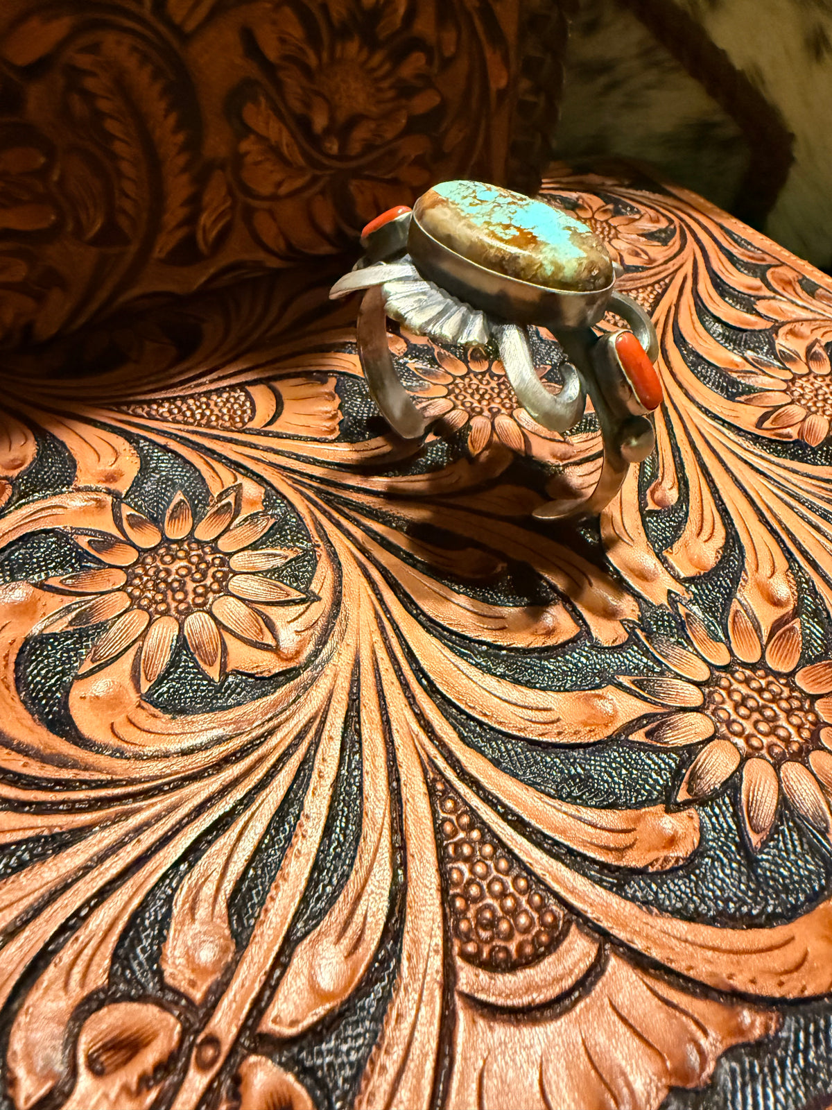 Handmade Sand Cast Turquoise and Coral Cuff  By Chimney Butte