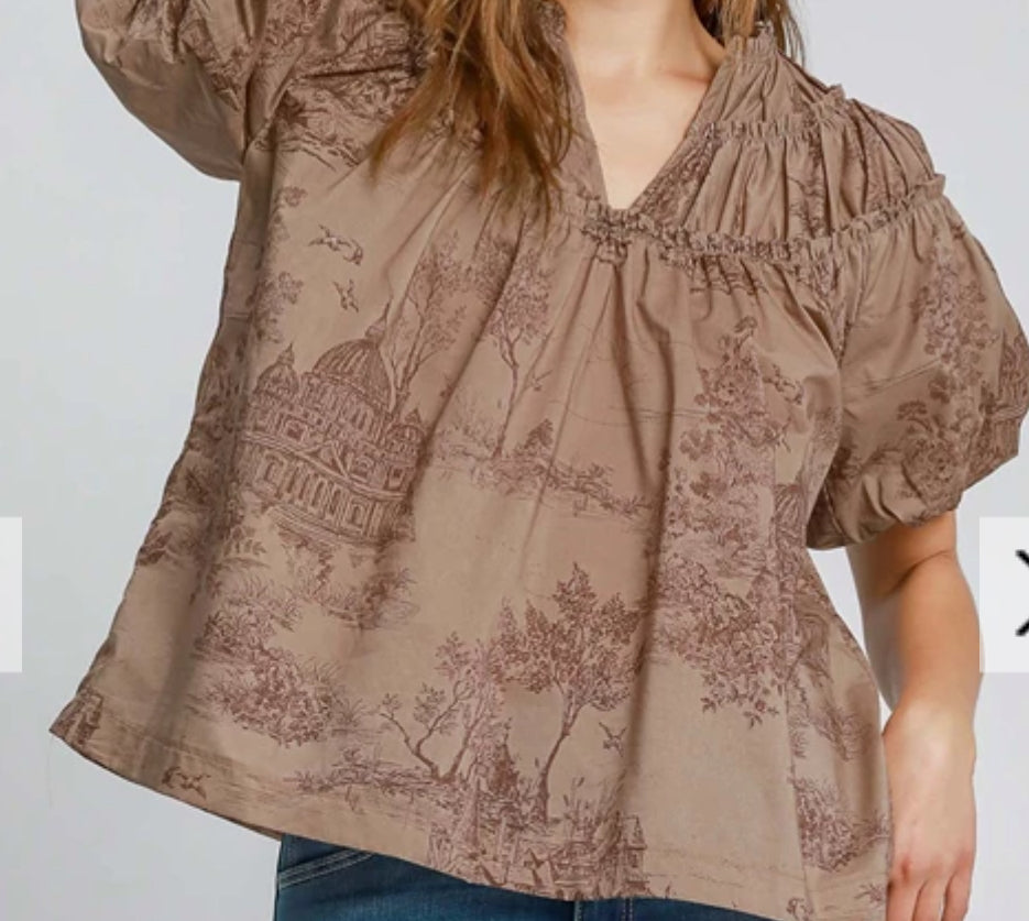 z   Toile Print Top with Ruffles and Puff Sleeves ( $10 OFF)