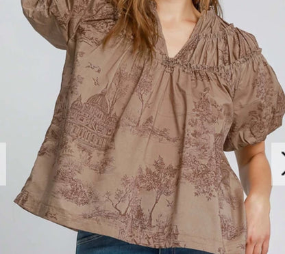 z   Toile Print Top with Ruffles and Puff Sleeves ( $10 OFF)
