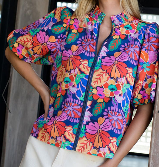 z   Smocked Neck Puff Sleeve Floral Top
