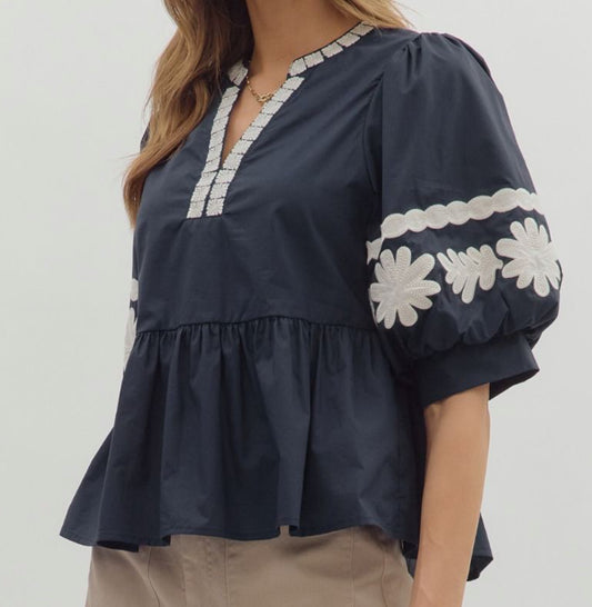 z   Bubbled Sleeve Embroidered Top