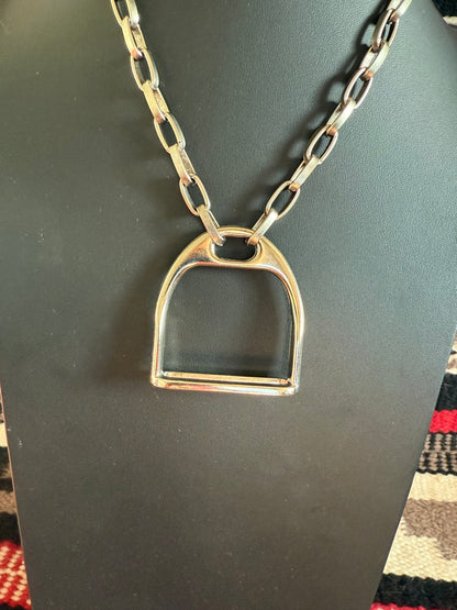 v2   Extra Large Silver Stirrup on Link Chain Necklace 22" Long