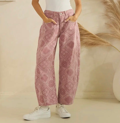 z   Paisley Printed Denim Barrel Jeans