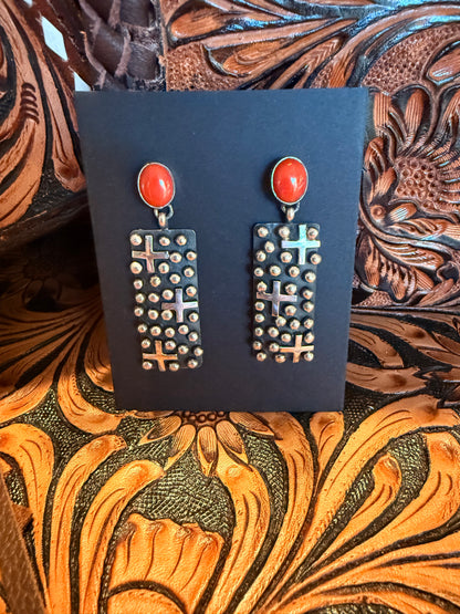 Handmade Sterling Silver Dangle Coral Stud Earrings     By Geneva Apachito