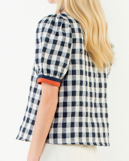 z   Puffed Sleeve Checkered Pattern V-Neck Top