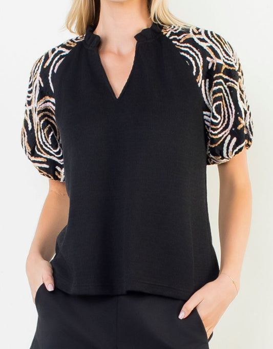 z   Circle Embroidered Detailed Puffed Sleeve Top