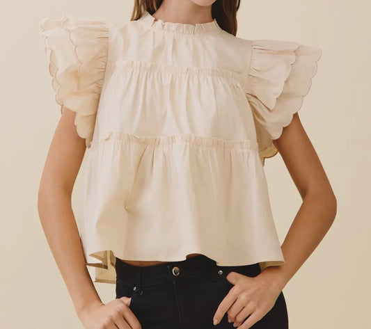 z   Dramatic Ruffle Sleeve Detail Tiered Poplin Top Cream