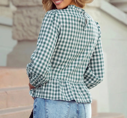 z   Turquoise Plaid Shirred Peplum Top