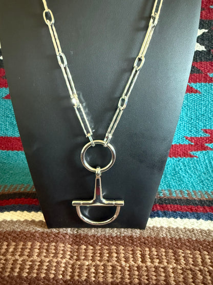 v2   Single Fancy Silver Snaffle Link Lariat Necklace 20" + 3 1/4" Drop