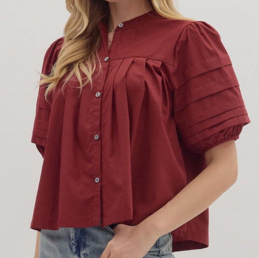 z   Pintuck Pleated Puff Sleeve Top