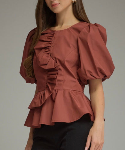z   Puffed Sleeve Ruffle Top