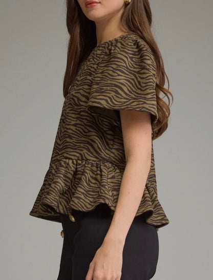 z   Animal Print Ruffle Hem Top