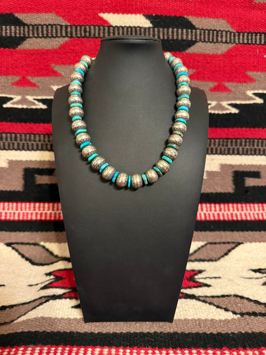 LI  Grande Sterling Silver Flower Beads with Kingman Turquoise Chips Necklace 16" Long with 2" Extender