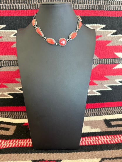 Red Spiny Oyster 7 Stone Necklace 18" Long By Peggy Skeets