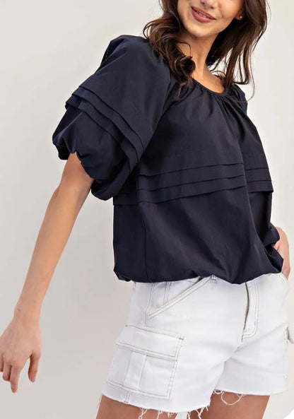 z   Pleated Puff Sleeve Top