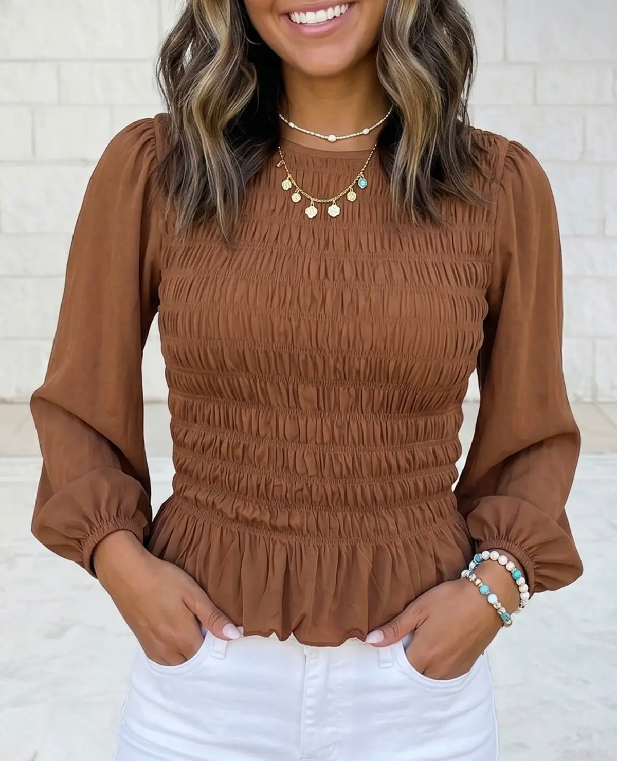 z   Coffee Smocked Ruffle Hem Top
