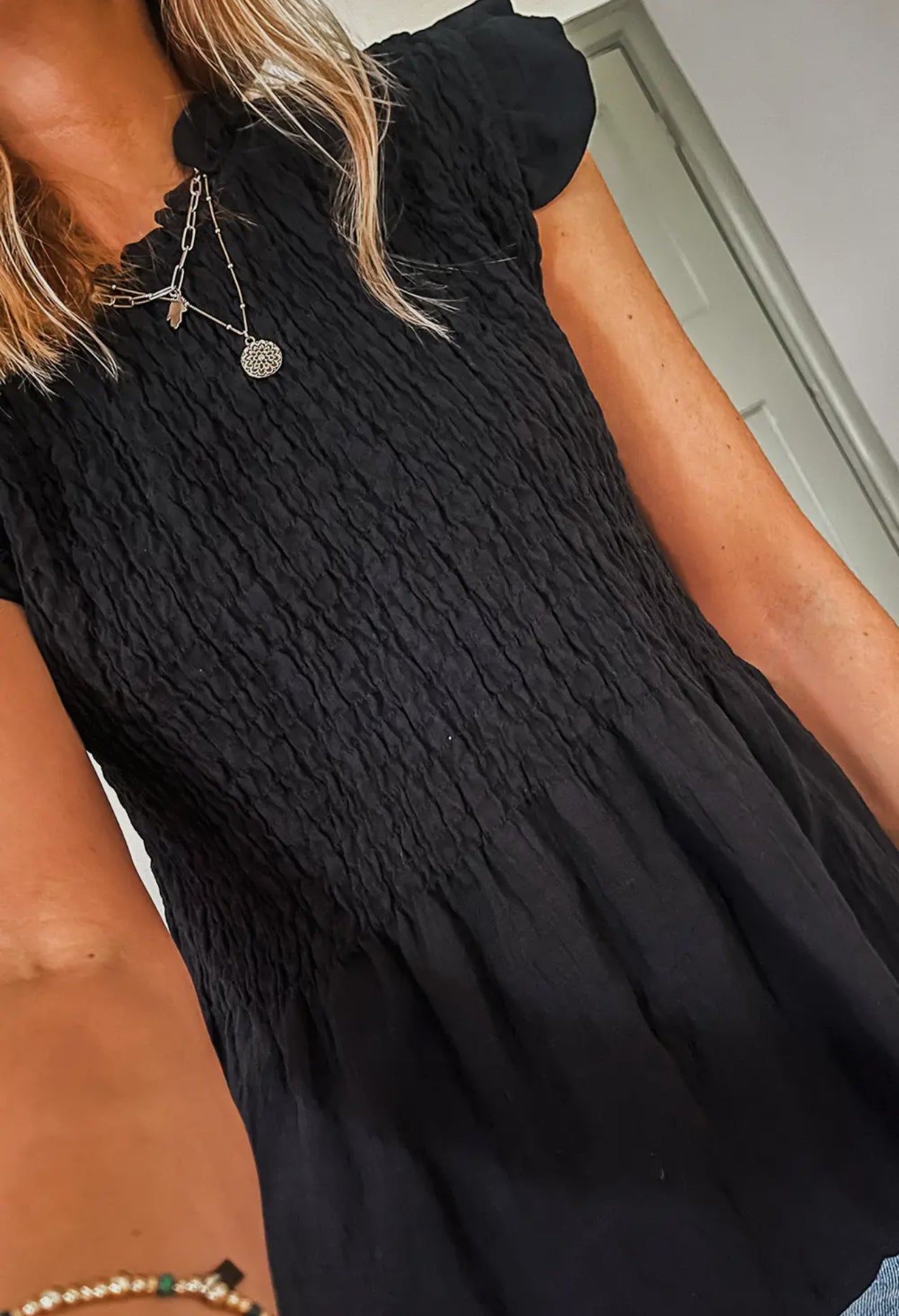 z   Smocked Ruffle Short Sleeve Top