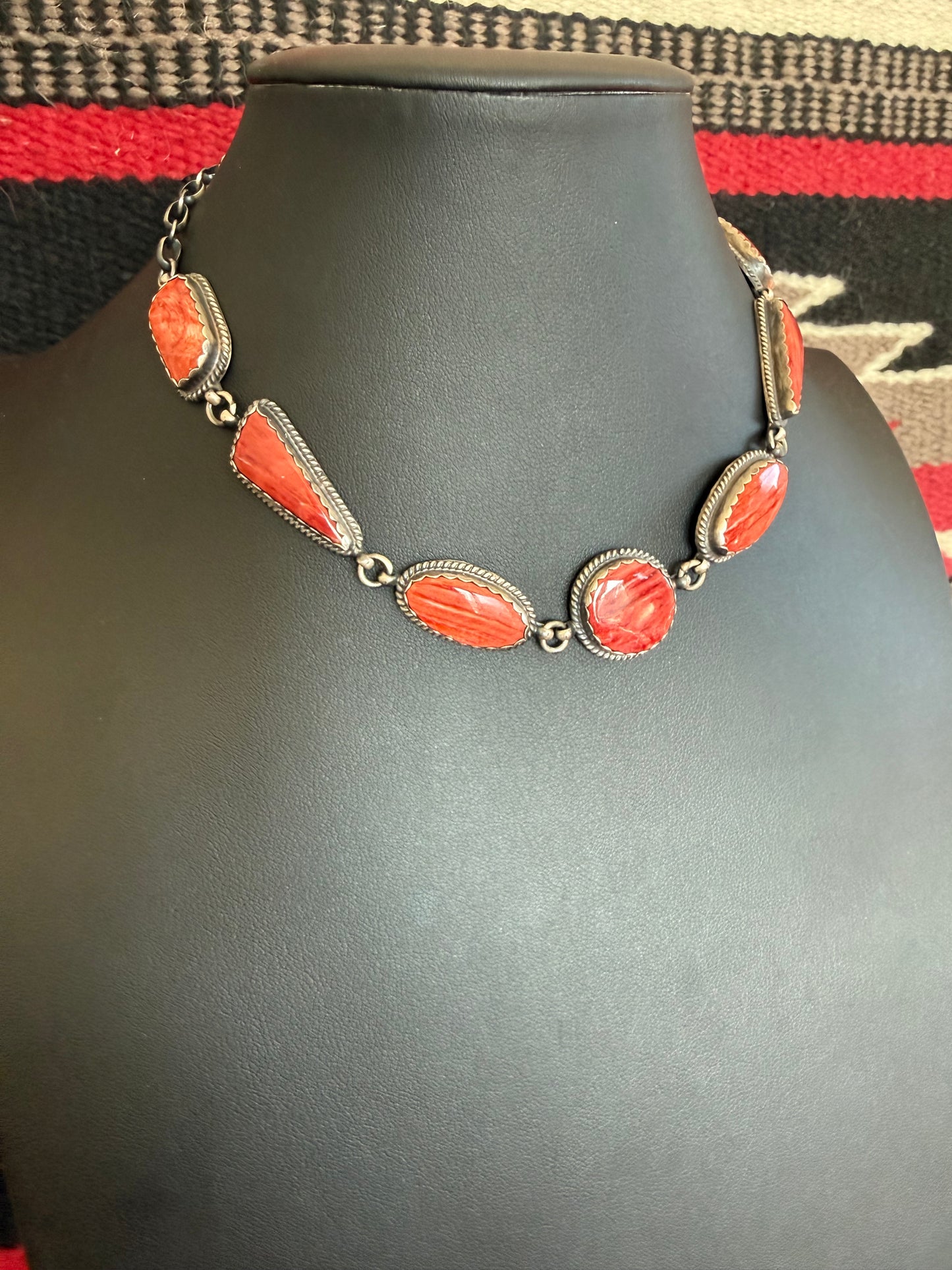 Red Spiny Oyster 7 Stone Necklace 18" Long By Peggy Skeets