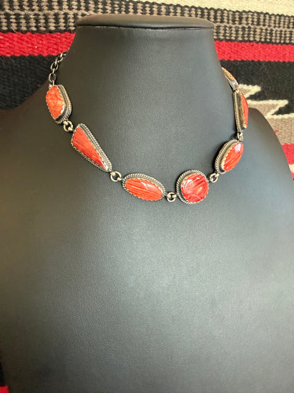 Red Spiny Oyster 7 Stone Necklace 18" Long By Peggy Skeets