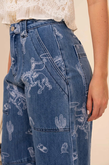 z   Western Print Barrel Jeans