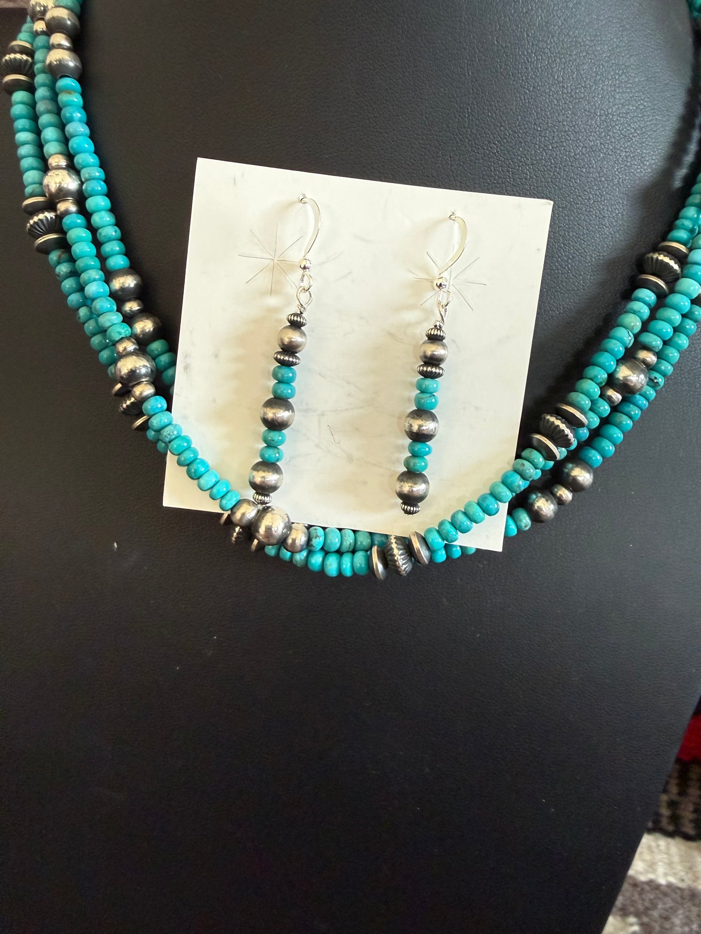 3 Strand Sterling Silver and Turquoise Necklace and Earring Set
