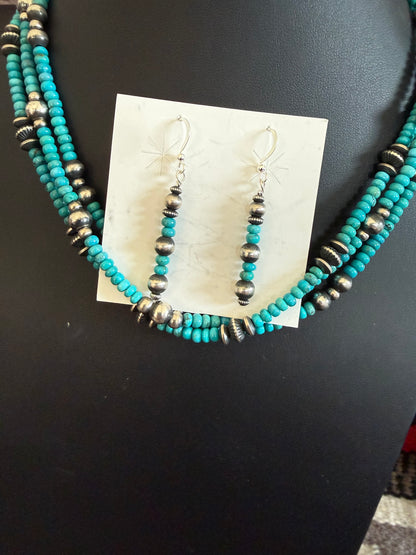3 Strand Sterling Silver and Turquoise Necklace and Earring Set