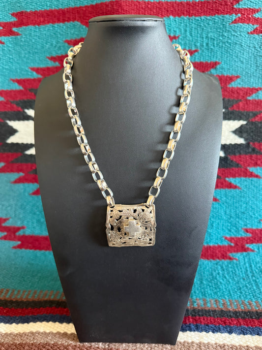 v2   Silver Belt Buckle Link Chain Cross Necklace 18" Long