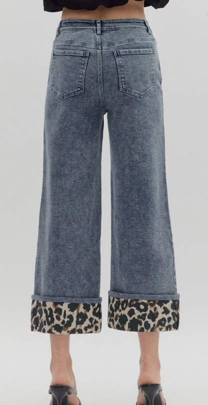 z   Denim High-Waist Culotte Pants with Leopard Cuff