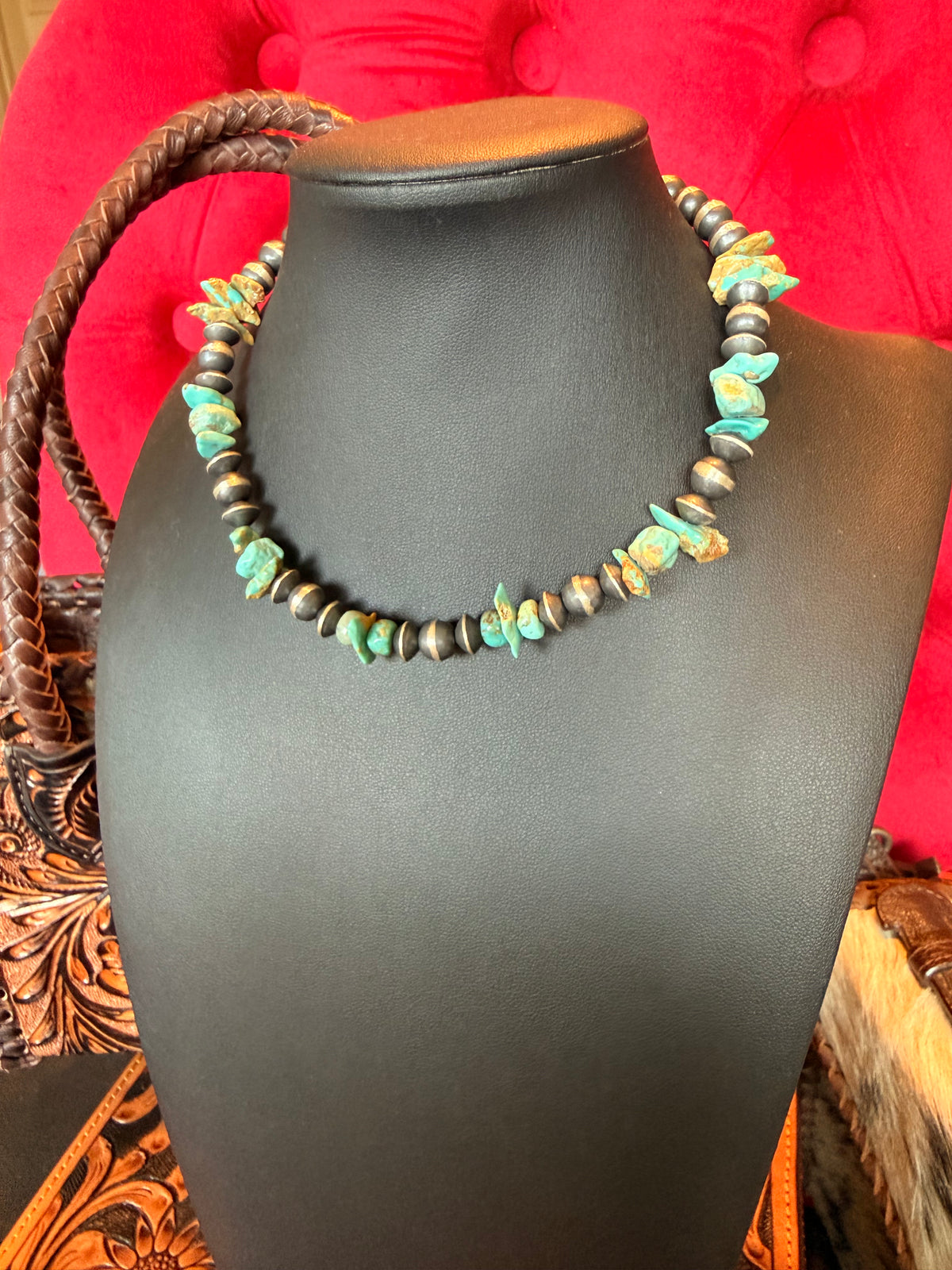 Handmade Sterling Silver and Kingman Turquoise Nugget Necklace  14" Long