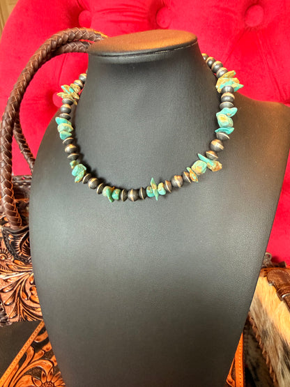 Handmade Sterling Silver and Kingman Turquoise Nugget Necklace  14" Long