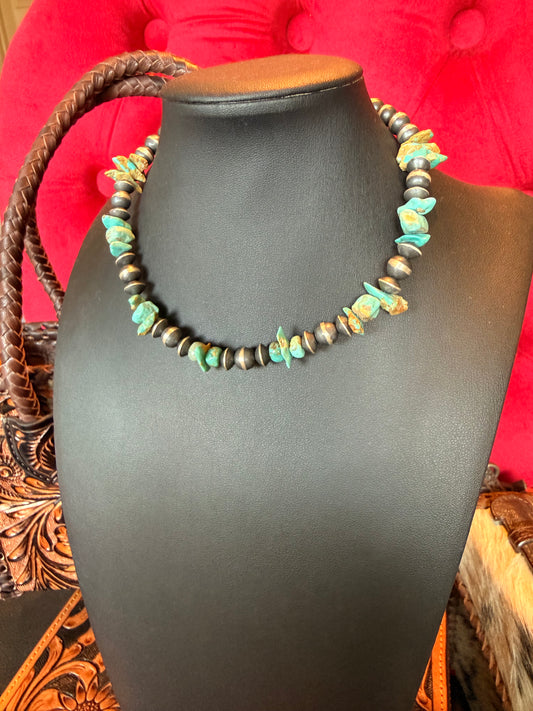 Handmade Sterling Silver and Kingman Turquoise Nugget Necklace  14" Long