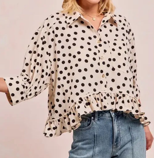 z   Polka Dot Printed Peplum Top