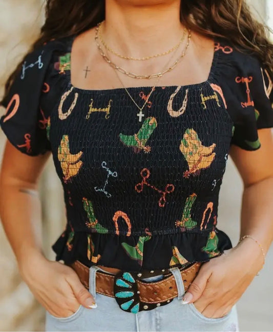 z   Boot Scootin Western Ruffle Smocked Top