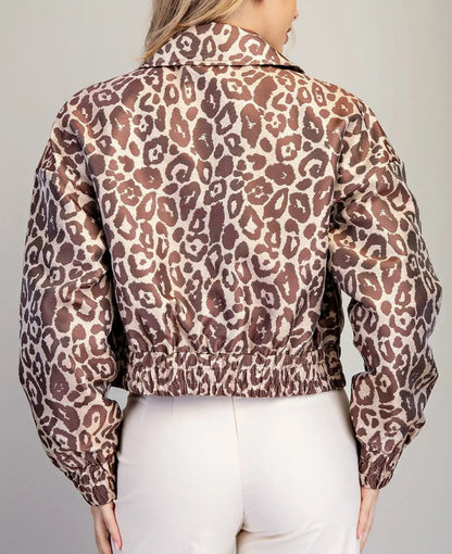 z   Leopard Printed Zip Up Satin Bomber Jacket
