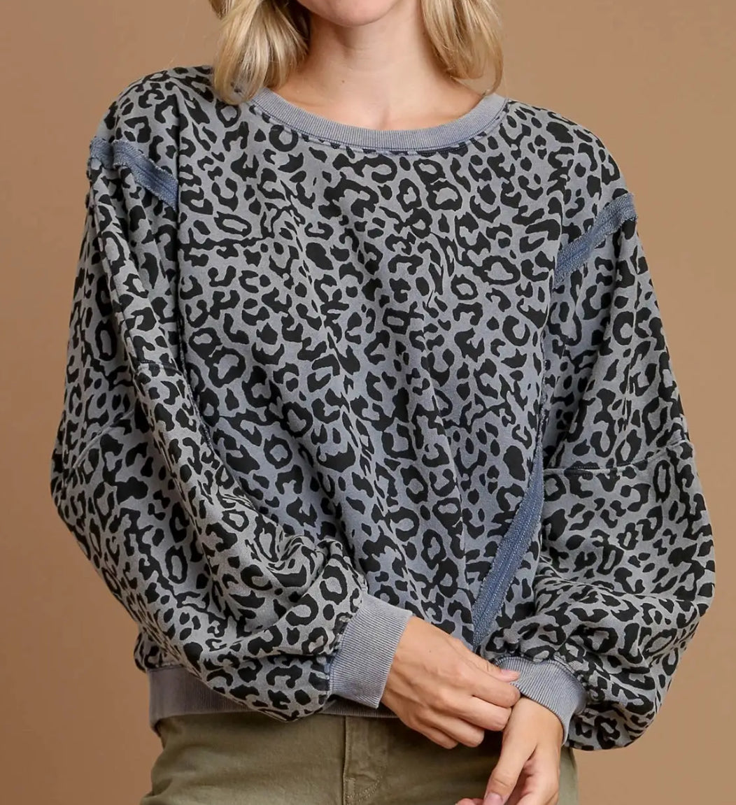 z   Washed Leopard French Terry Top