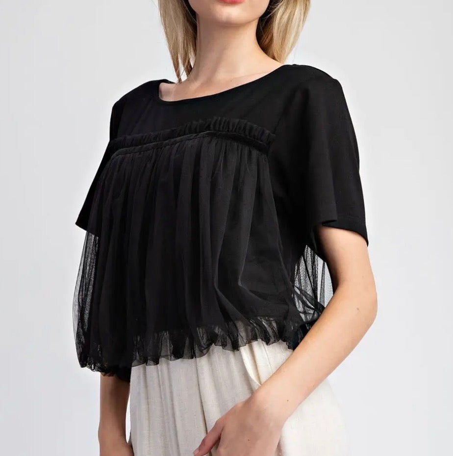 z   Tulle Mesh Short Sleeve Top