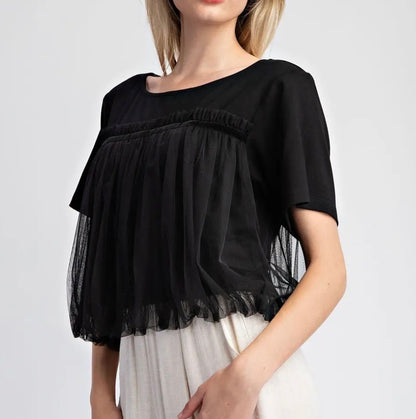 z   Tulle Mesh Short Sleeve Top
