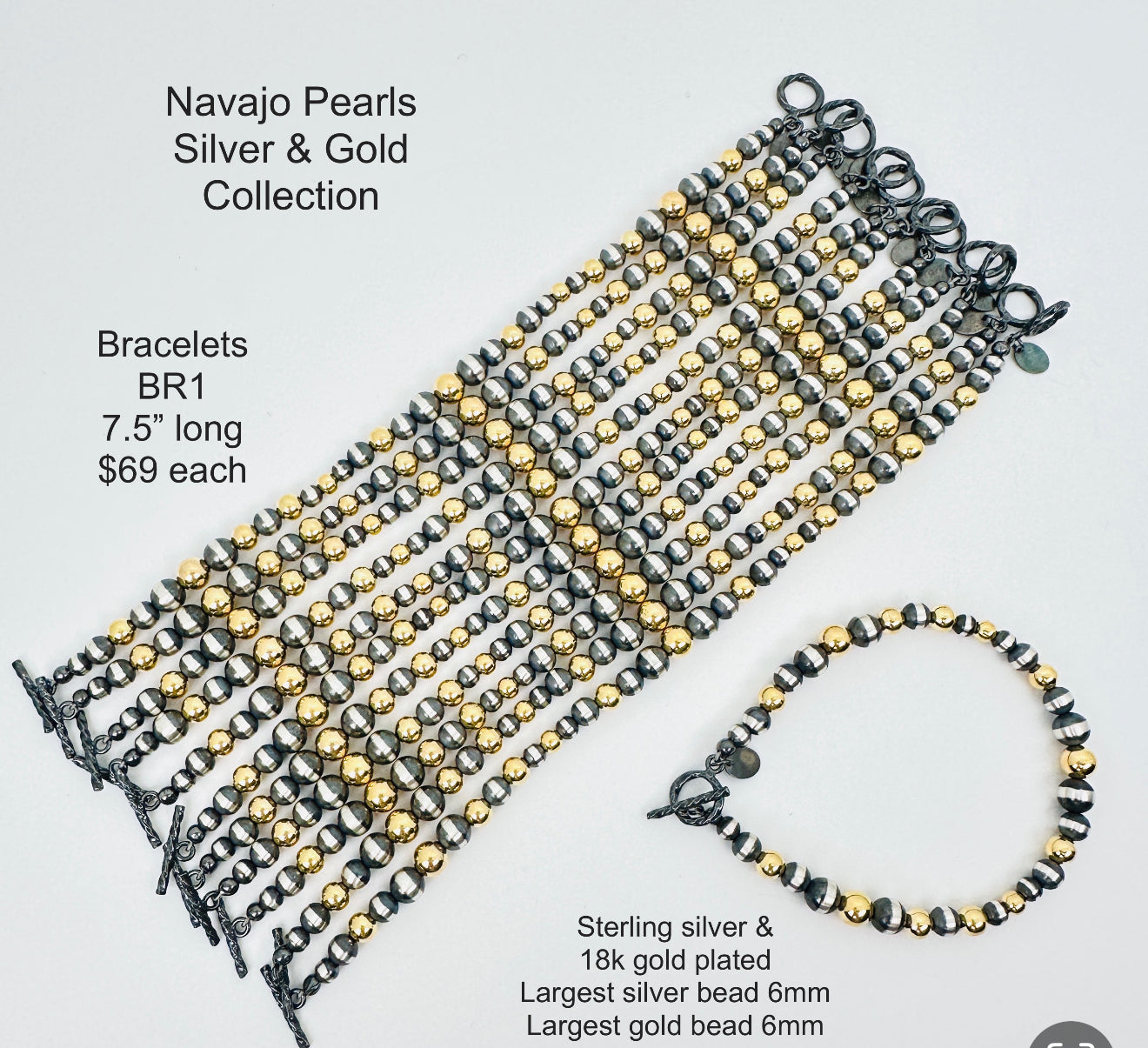 Style BR1  Sterling Silver Navajo Pearl and Gold Bracelet