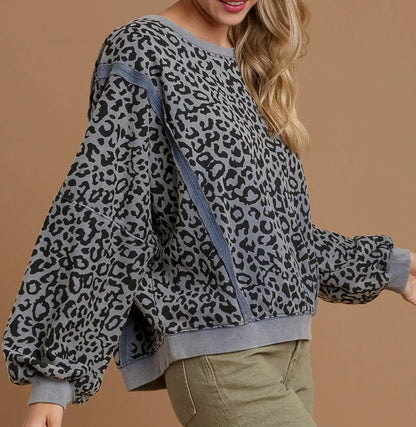 z   Washed Leopard French Terry Top