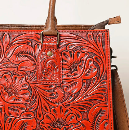 American Darling Red Hand-Tooled Genuine Leather Crossbody Tote Bag