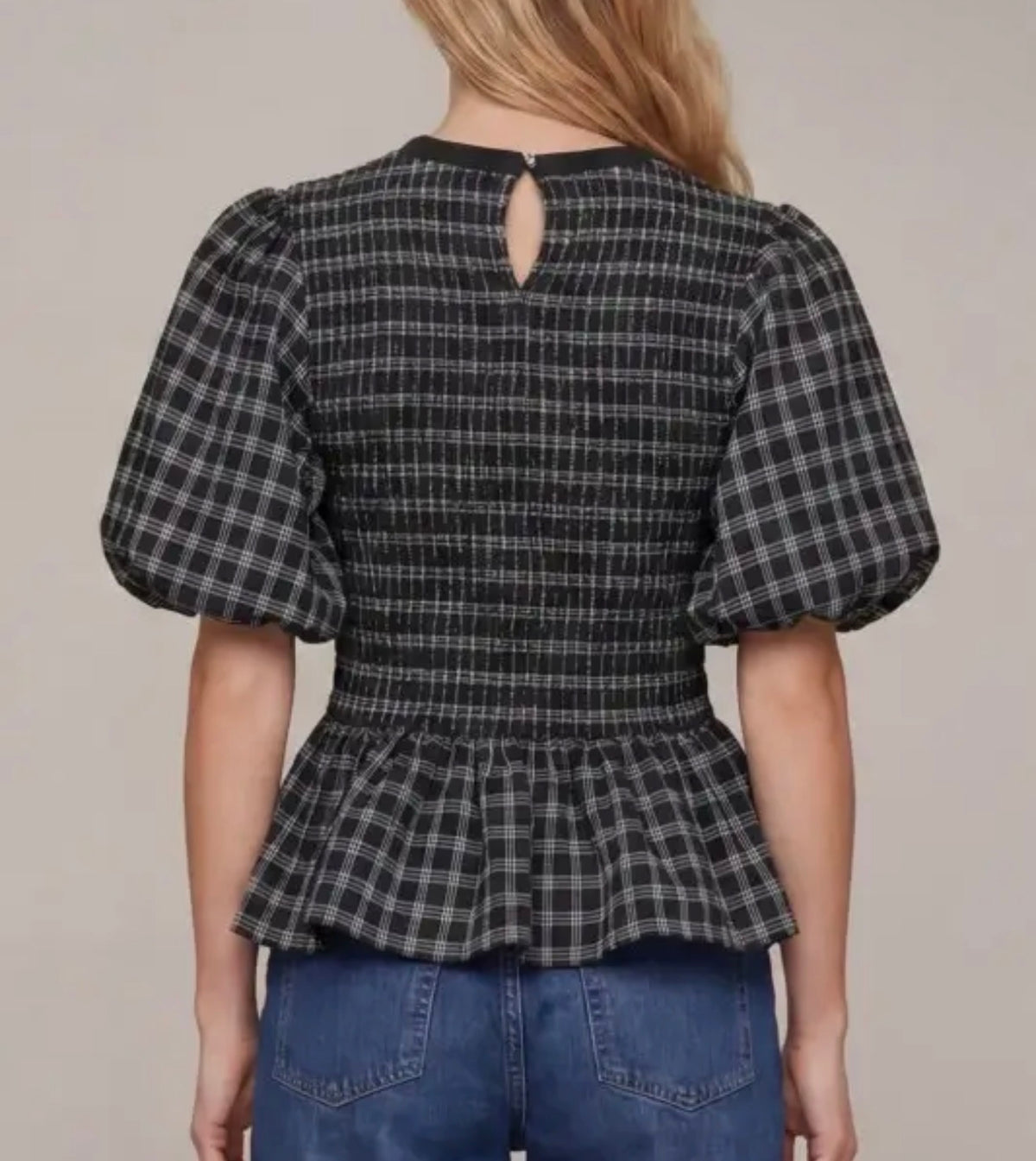 z   Plaid Smocked Peplum Top