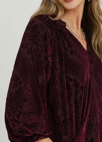 z   Damask Print Velvet Split Neck Merlot Top