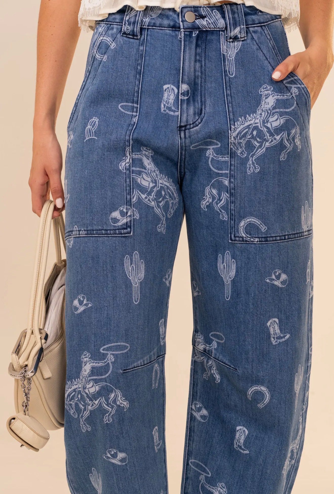 z   Western Print Barrel Jeans