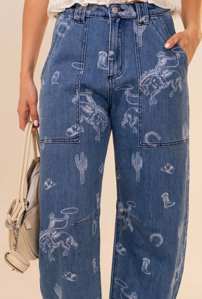 z   Western Print Barrel Jeans