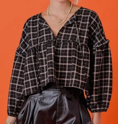 z   Long sleeve Plaid Top with Ruffle