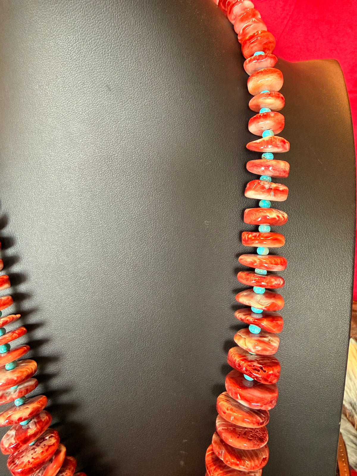 24" Red Spiny and Kingman Turquoise Graduated Necklace