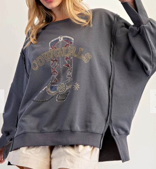 z   Cowgirl Boot Graphic Pullover Sweatshirt