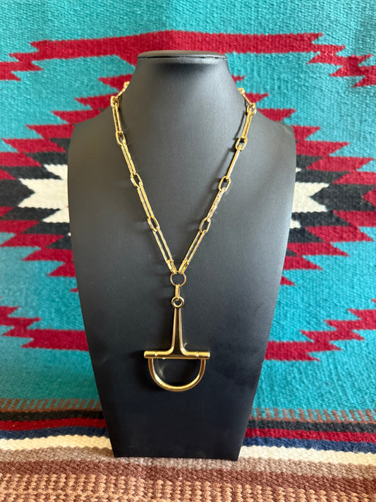 v2   Single Fancy Gold Snaffle Link Lariat Necklace 20" + 3 1/4" Drop
