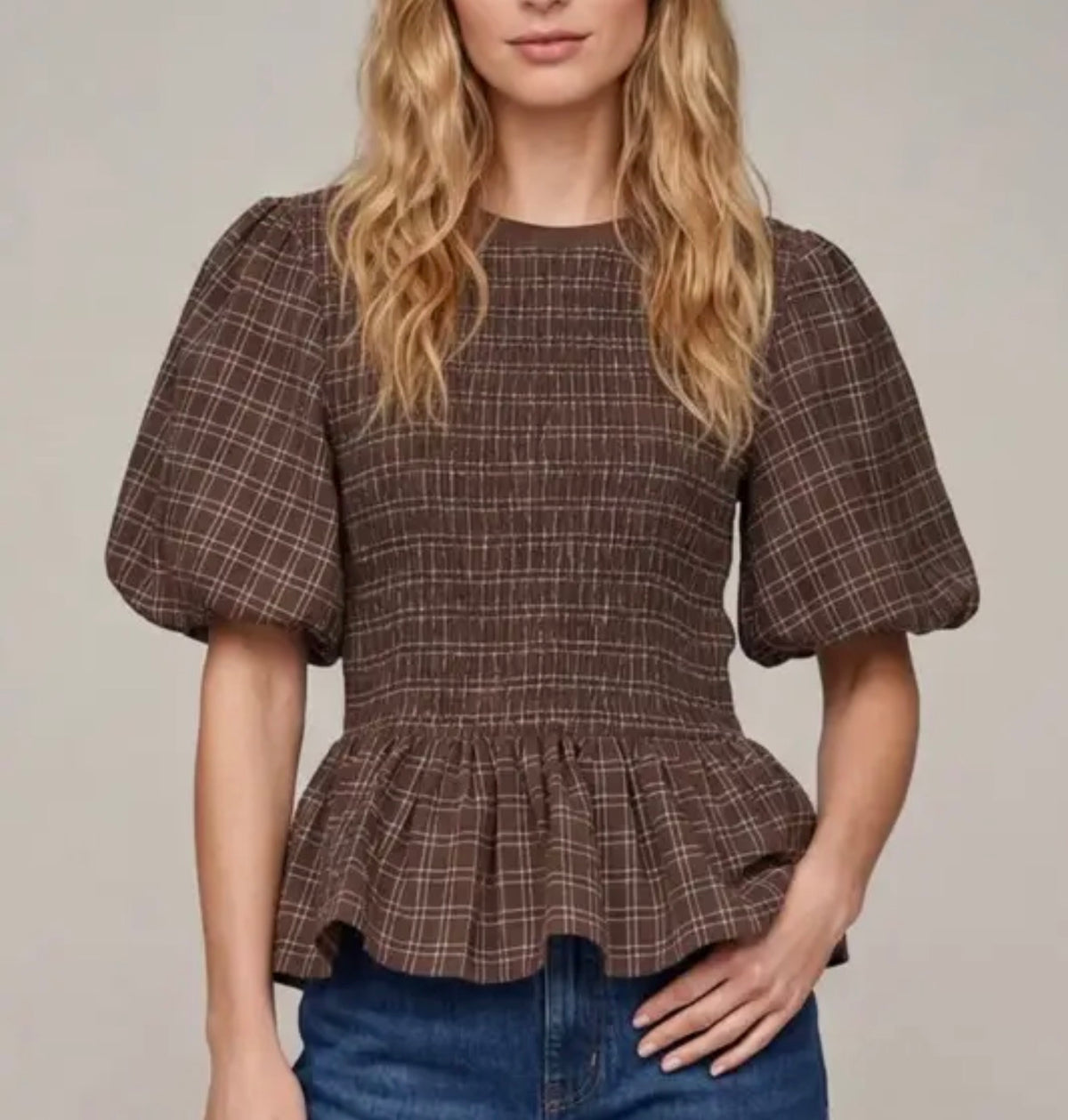 z   Brown Plaid Smocked Peplum Top