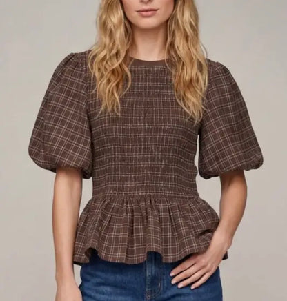 z   Brown Plaid Smocked Peplum Top